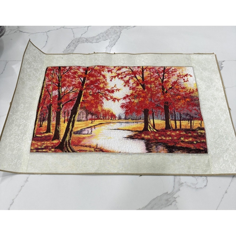 Autumn Red Trees River Landscape Embroidered Tapestry Fabric Wall Art Panel
